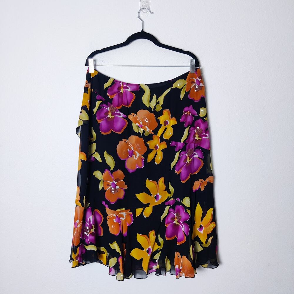 Jones New York 100% Silk Sequined Chiffon Midnight Floral Flouncy Fairy Skirt 14